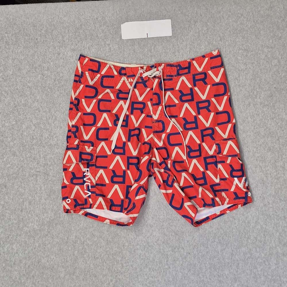 RVCA Men Shorts 32 Red Swimwear Geometric Logo AOP Board Shorts 7" Inseam